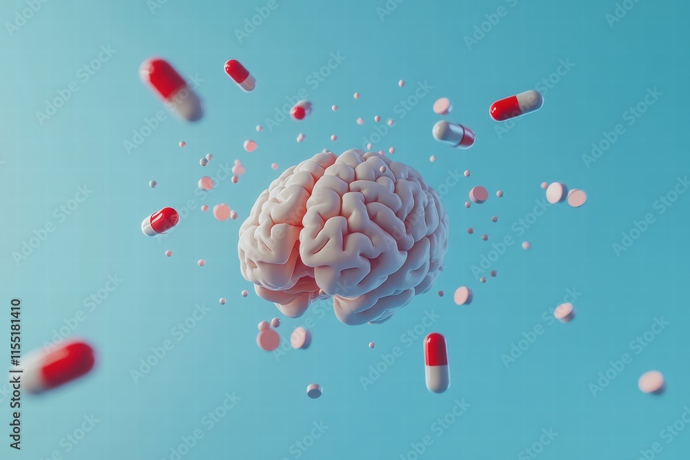 Poster 3d model of a human brain surrounded by various colorful pills illustrating health and wellness them