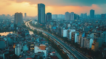 Fototapeta premium Aerial View of City Skyline at Sunset