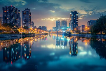 Naklejka premium Night Cityscape Skyscrapers, River Reflections, Urban Lights, Twilight Glow