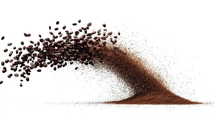 Fototapeta premium coffee powder and coffee beans flying in the air, isolated on white background