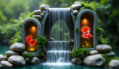 two-meter-high ornamental waterfall made with natural stones and with betta fish aquariums embedded in the stones