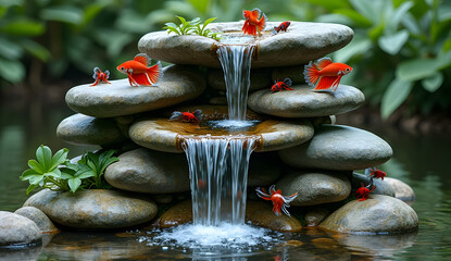 two-meter-high ornamental waterfall made with natural stones and with betta fish aquariums embedded in the stones