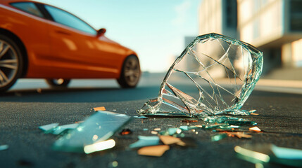 roadside accident scene featuring shattered glass on asphalt, with orange car in background. image captures aftermath of collision, evoking sense of urgency and caution