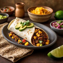 Traditional Mexican food, Beef burritos with meat and beans with vegetable