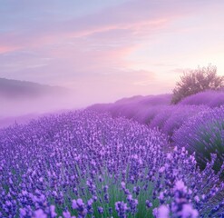 Fototapeta premium Misty lavender field at sunrise.