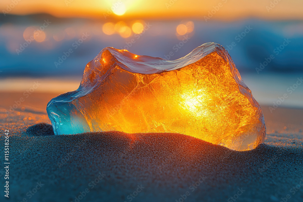 Poster sunset illuminates a translucent amber blue ice chunk on a sandy beach creating a magical scene.