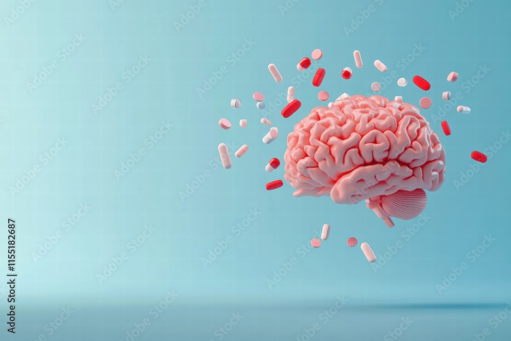 Aufkleber model of a human brain surrounded by various pills representing health and mental wellness concepts.