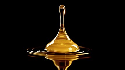 A drop of golden oil is dripping down on the water surface, with an isolated black background.