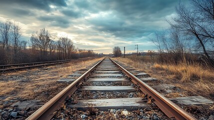 Obraz premium Railway Tracks Leading to Horizon Under Dramatic Sky