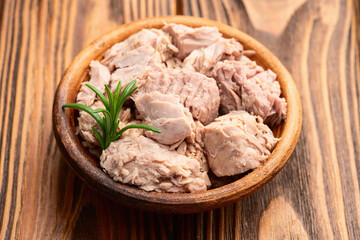 Canned tuna in bowl photography . Top view