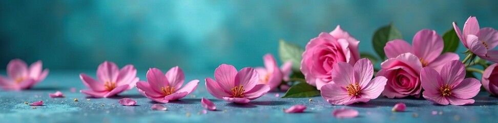 Fototapeta premium Agrumi di rosa disposti in cerchio sulla boccetta di profumo con un sfondo azzurro, rosa, cerchio, agrumi