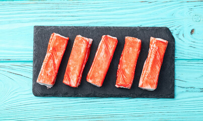 Crab sticks from fish surimi photography . Top view © whitestorm