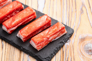 Crab sticks from fish surimi photography . Top view
