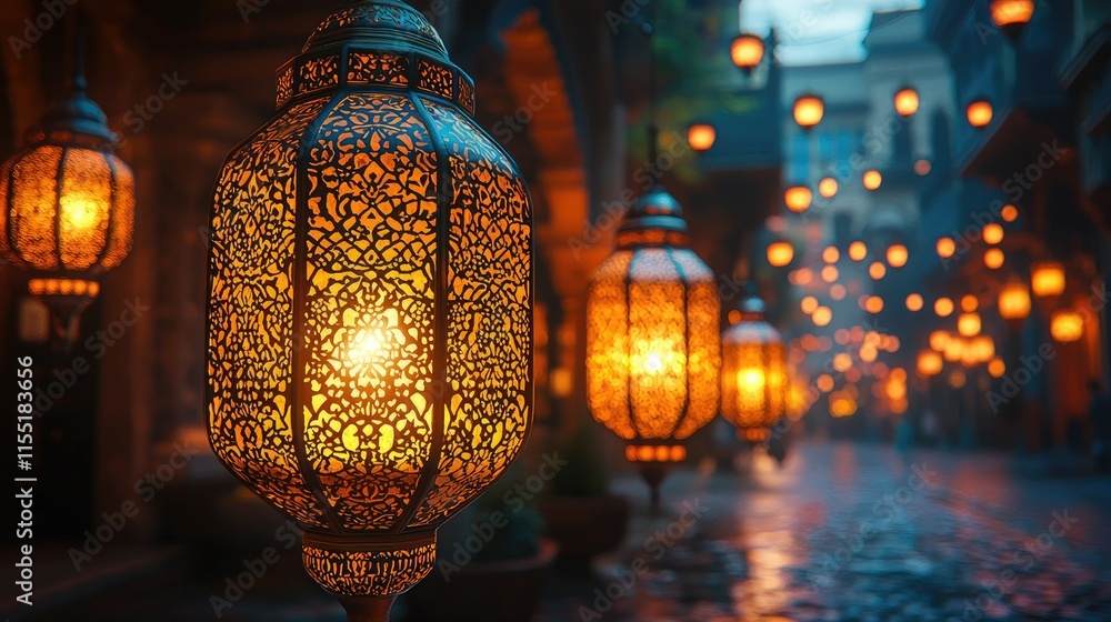 Poster ornate lanterns illuminate a charming street at dusk, creating a warm and inviting atmosphere.