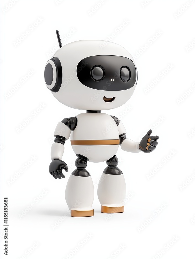 Poster a cute, animated robot character with a friendly expression, designed for interaction and engagement