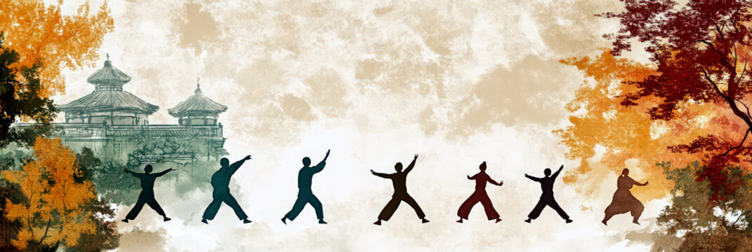 World tai chi and qigong day celebration in nature inspired setting. Horizontal banner. Copy space. Flat illustration
