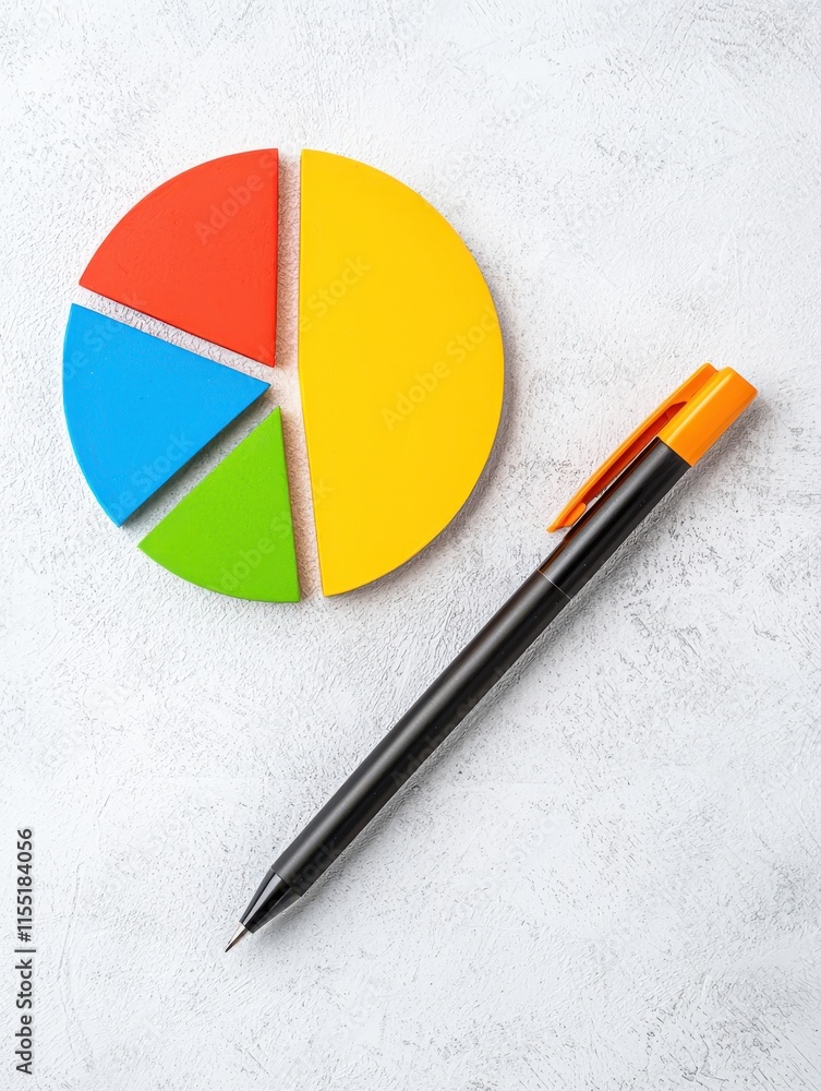Aufkleber a colorful pie chart made of segments and a black pen resting beside it on a light surface.