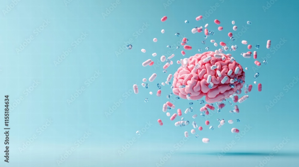 Fototapete 3d model of a human brain surrounded by various colorful pills floating in a light blue background. 