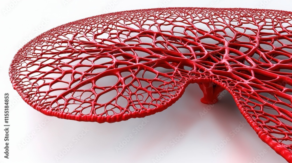 Poster a detailed, artistic representation of a red, vascular structure resembling an organ, showcasing int