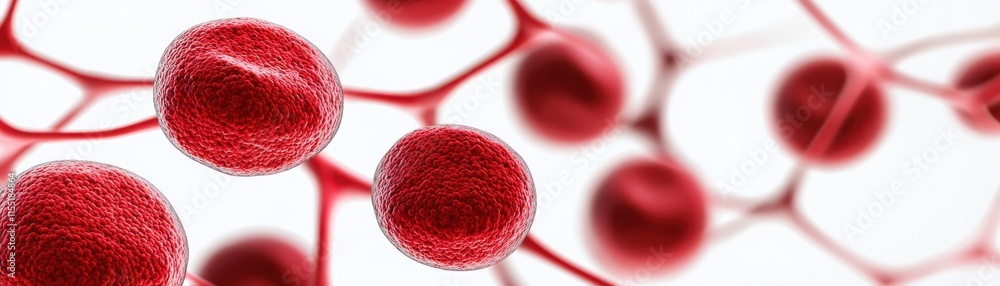 Poster a close-up view of red spherical cells interconnected, showcasing a vibrant cellular structure again