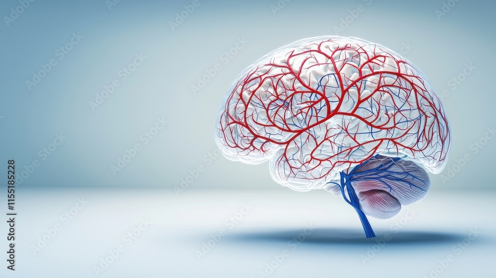 Poster a stylized depiction of a brain with intricate red and blue vascular patterns against a soft gradien