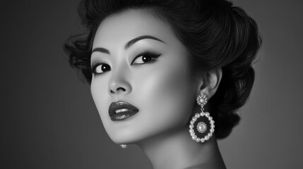 Fototapeta premium Elegant asian woman wearing pearl earrings posing in black and white
