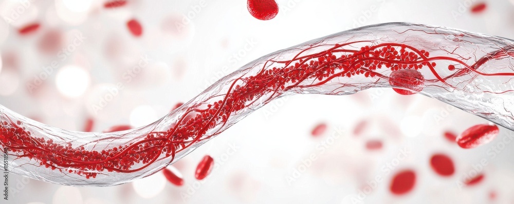 Poster an abstract representation of red blood cells flowing through a transparent medium, showcasing movem