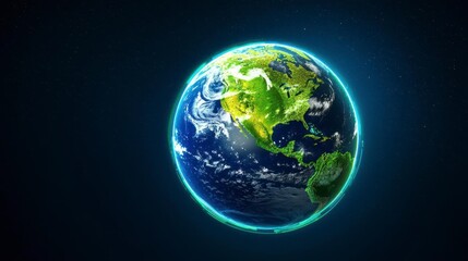 Fototapeta premium A photostock of a vibrant Earth glowing in deep blue and green tones, surrounded by dynamic futuristic digital elements, symbolizing technology and ecology. High Quality