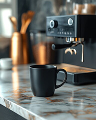 Modern black mug on marble countertop with coffee maker