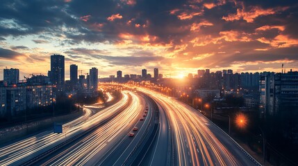 Obraz premium City Highway Sunset Traffic Lights