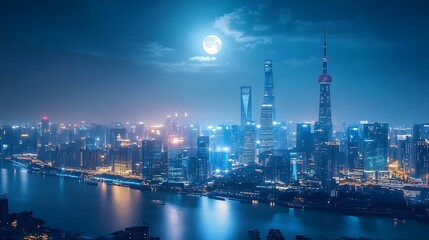 Naklejka premium Shanghai Skyline Night Full Moon