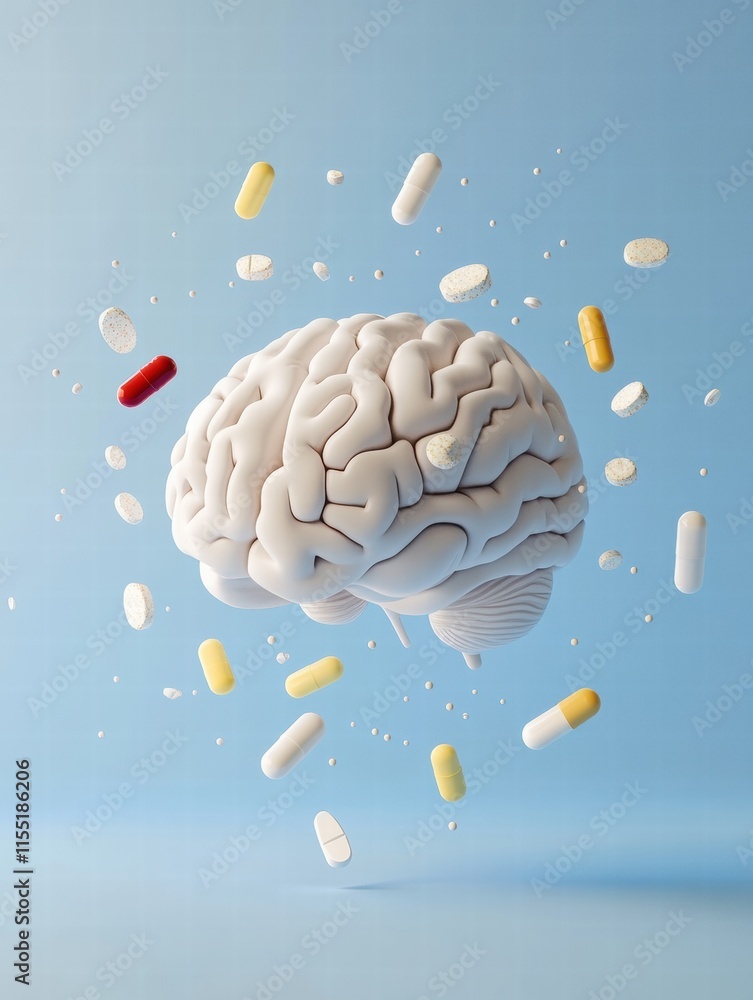 Leinwandbilder 3d human brain model surrounded by various colorful pills in a light blue setting depicting health a
