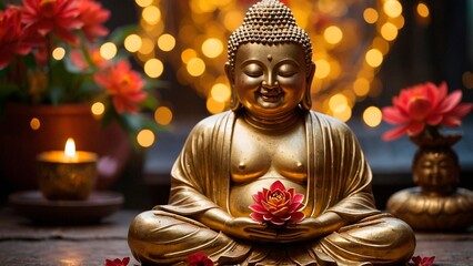 Fototapeta premium A close up of a golden statue of a smiling meditating Buddha Siddhartha Gautama statue sitting in lotus pose surrounded by pink flowers. Spiritual enlightenment buddhist zen religion illustration.