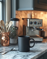 Modern black mug on marble countertop with coffee maker