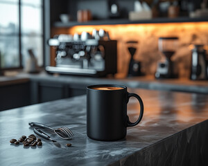 Modern black mug on marble countertop with coffee maker