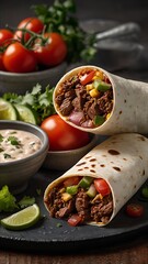 Traditional Mexican food, Beef burritos with meat and beans with vegetable