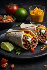 Traditional Mexican food, Beef burritos with meat and beans with vegetable