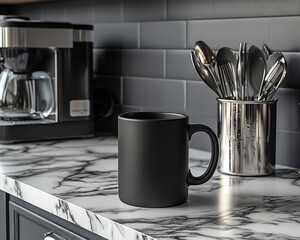 Modern black mug on marble countertop with coffee maker