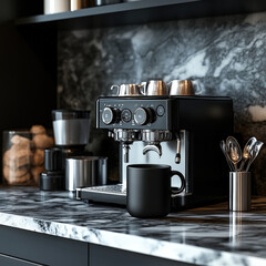 Modern black mug on marble countertop with coffee maker