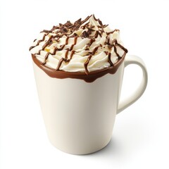 Velvety hot chocolate in a mug. Featuring whipped cream and chocolate shavings