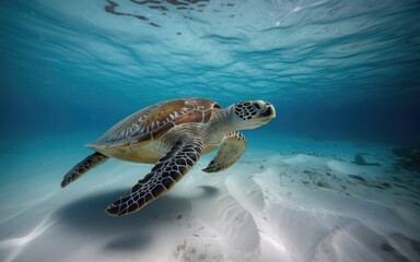 Obraz premium A close-up of a majestic sea turtle gliding gracefully through crystal-clear waters