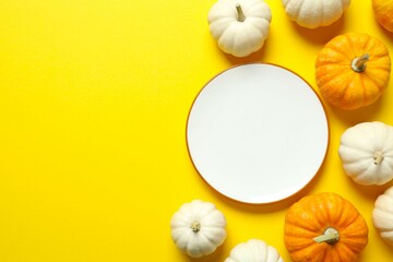 Rustic holiday table setup. Top view with plate and autumn decorations. Empty space for your text 