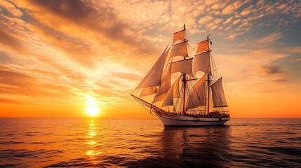 Fototapeta premium Vintage sailing ship at sunset. Concept of adventure, exploration, and maritime history.