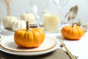 Rustic holiday table setup with plates, cutlery and autumn decorations