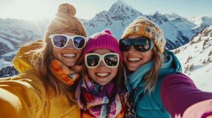 Three smiling women taking selfie on snowy mountain