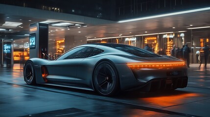 Obraz premium Futuristic electric sports car charging at night. (2)