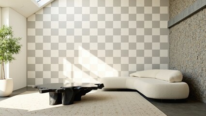 Generative AI, Minimalist living room with a bold checkerboard wall and sculptural accents.