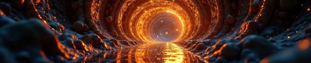 Obraz premium A mysterious portal hidden behind a curtain of glittering golden filaments, abstract, portal