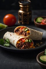 Traditional Mexican food, Beef burritos with meat and beans with vegetable