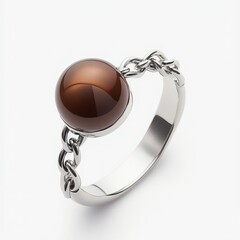 Silver ring with brown gem and chain detail on white background